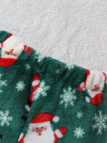 SHEIN Playful Pals 2件組 幼兒男嬰衛衣長褲套裝，可愛白色綠色聖誕補丁雪花毛絨長袖圓領加厚套頭衫，適合聖誕派對、冬季與秋季 - 綠色 - 查看 5