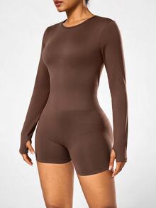 Slayform Women's Brown Backless Long Sleeve Seamless Sports Jumpsuit - Brown - View 7