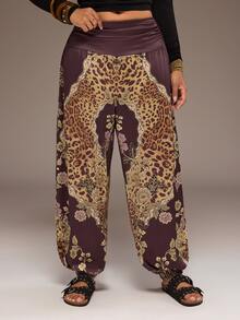 Freevana Plus Size Floral Leopard Print Fashion Pleated Cuffed Pants - Brown - View 1
