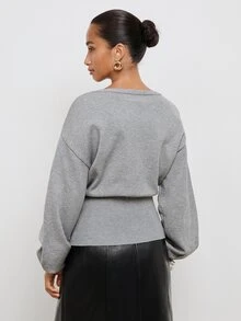 Maija Grey Women's Knitted Top With Asymmetric Front And Metal Button Decor, Urban Casual Holiday - Grey - View 5
