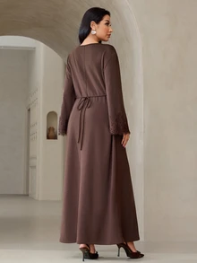 Veilorie Women's Elegant Commute Lace Patchwork Long Dress - Brown - View 2