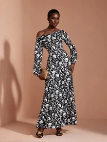 JIAN LASALA Gaun Panjang Rajut Model Off Shoulder Lengan Panjang Berkerut Elegan untuk Liburan - MultiWarna - View 4
