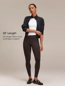 GLOWMODE 28" FeatherFit™-Warm Get To Work High-Waist Pull-On Work-Pant Leggings With Faux Placket & Back Pockets Yoga Studio Daily Fall Winter Wear - Brown - View 2