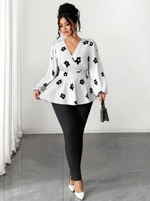 Elenzga Autumn Elegant Daily European And American Style Cross V-Neck Cinched Waist A-Line Pleated Long Sleeve Blouse, Suitable For Daily Commute, Outings, Gatherings And More Occasions, High Cost-Performance - Black and White - View 4