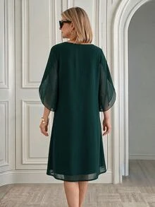 EMERY ROSE Elegant Slit Sleeve Design Dress For Middle-Aged And Elderly Women - Dark Green - View 2