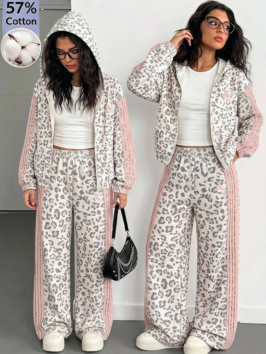 SHEIN 3件組女孩青少年套裝 白色連帽長袖拉鍊運動衫、背心上衣、彈性腰直筒長褲,秋季灰色 - 彩色 - 查看 1