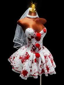 Amplova Gaun Pesta Cosplay Pengantin Badut Halloween dengan Dekorasi Pom Pom - Putih - View 6