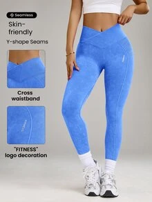 SHEIN Velisys 無縫高彈性瑜伽健身交叉腰磨砂啞光運動緊身褲 - 彩色 - 查看 3