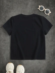BATMAN X SHEIN Young Boy Round Neck Short Sleeve Casual Versatile T-Shirt - Black - View 2