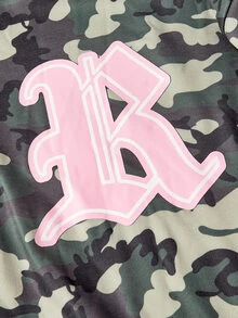 ROMWE Street Life Street Style Camo Colorblock Letter Print Rhinestone Women's Hooded Zip-Up Sweatshirt - Army Green - View 7