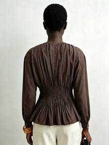 Aalyst Women's Long Sleeve Heavy-Duty Striped Waist-Curved Round Neck Blouse, Suitable For Commuting And Daily Wear - Coffee Brown - View 2