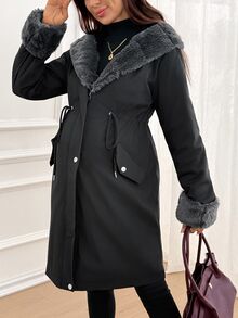 SHEIN Maternity Solid Color Long Sleeve Patchwork Faux Fur Drawstring Waist Hooded Jacket - Multicolor - View 1