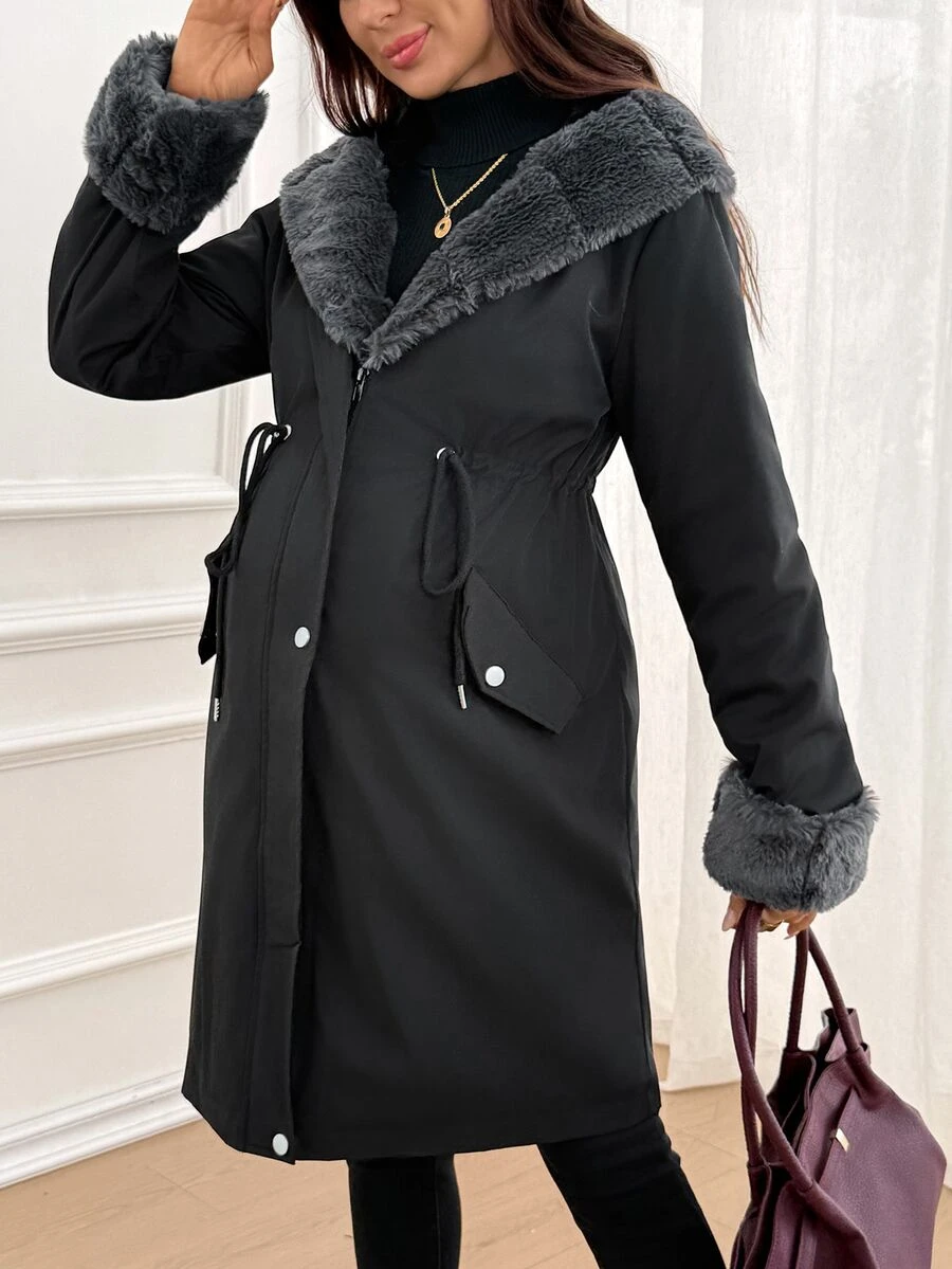 SHEIN Maternity Solid Color Long Sleeve Patchwork Faux Fur Drawstring Waist Hooded Jacket - Multicolor - View 1