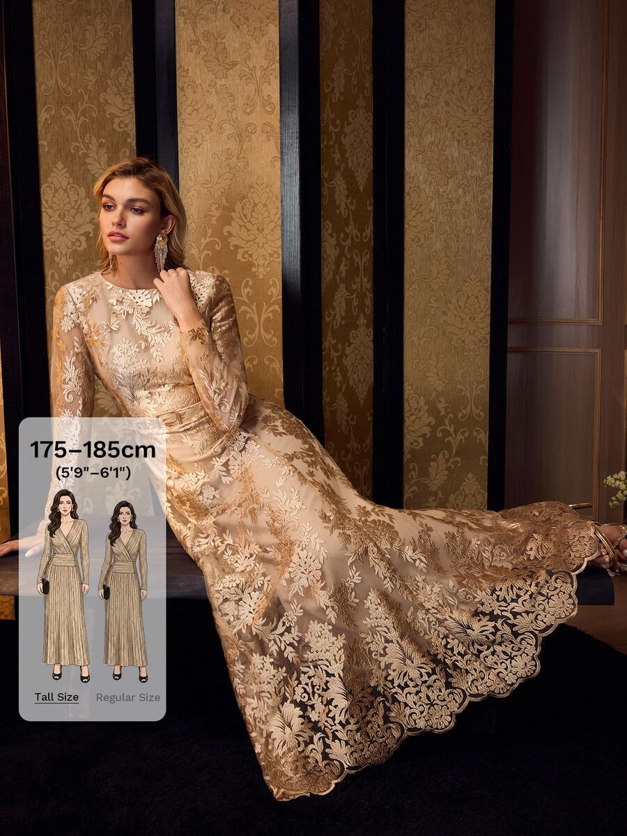 MOTF Tall WOMEN'S TALL GOLD HEAVY EMBROIDERY MESH ELEGANT LONG COCKTAIL DRESS - Gold - View 1