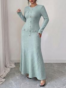 Modelyn Women's Long Autumn Round Neck Metal Button Long Sleeve Jacquard Plus Size Elegant Party Dress - Blue - View 6