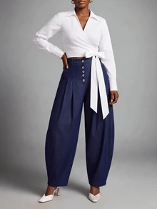 SHEIN Lunessa Celana Panjang Denim Model Melengkung yang Modis untuk Komuter - Biru - View 4