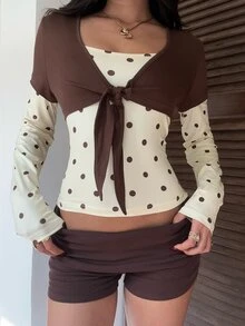 CovetEZ Women's Polka Dot 2 In 1 Colorblock Casual Daily T-Shirt - Brown - View 1