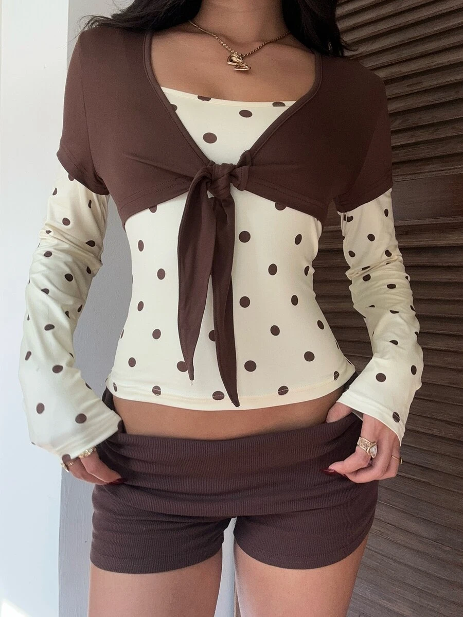 CovetEZ Women's Polka Dot 2 In 1 Colorblock Casual Daily T-Shirt - Brown - View 1