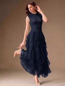 Anewsta Gaun Panjang Wanita Terbaru Tanpa Lengan, Rajutan Crochet, Patchwork, Multi-Layer, Hem Berumbai, Romantis dan Elegan - Navy Blue - View 3