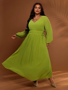 BrightlyHer Plus Size Solid Mint Green V-Neck Long Sleeve Pleated Drawstring Casual Elegant Party Brunch Formal Dress Autumn 2026 - Green - View 1