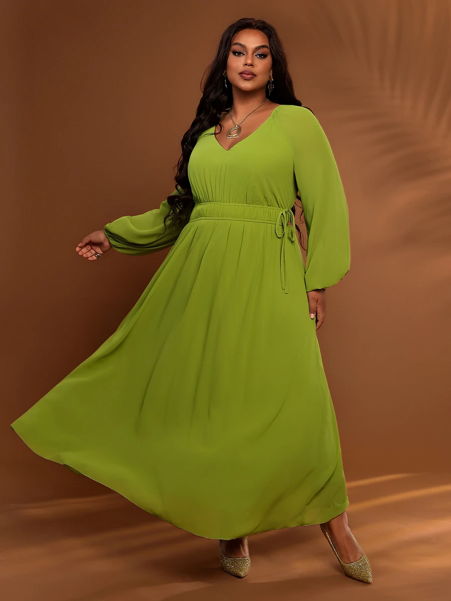 BrightlyHer Plus Size Solid Mint Green V-Neck Long Sleeve Pleated Drawstring Casual Elegant Party Brunch Formal Dress Autumn 2026 - Green - View 1