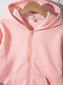 SHEIN 青少年女孩長袖抓絨秋季休閒百搭正裝寬鬆韓風開襟運動衫外套，返校季 - 粉色 - 查看 4