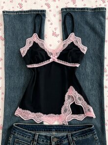 Sunspun Plus Size Summer Elegant Contrast Color Lace Trim Slit Cami Camisole - Black - View 1