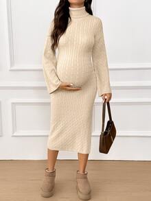 Loomaby Maternity Autumn/Winter Casual Solid Color High Neck Slim Fit Knit Dress - Apricot - View 4