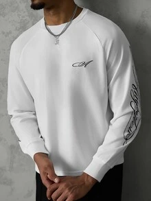 SLATEMANN Men's Letter Print Raglan Long Sleeve Crew Neck Casual T-Shirt - White - View 3
