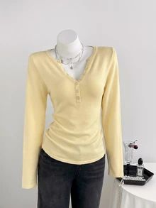 Elamini Women's Autumn Casual Versatile Solid Color Sweater Brunch Pale Yellow - Apricot - View 7