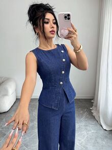 SHEIN Clasi Setelan Rompi dan Celana Jeans Lebar untuk Wanita Kasual Saat Berpergian - Biru - View 6