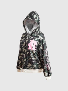 ROMWE Street Life Street Style Camo Colorblock Letter Print Rhinestone Women's Hooded Zip-Up Sweatshirt - Army Green - View 8