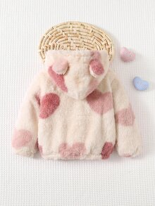 Cozy Pixies 女嬰 3D 耳朵珊瑚絨加厚愛心圖案連帽長袖冬季外套 - 彩色 - 查看 8