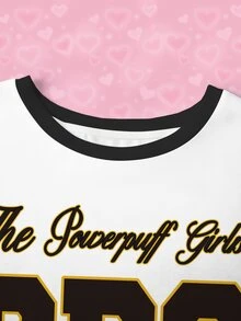 THE POWERPUFF GIRLS X SHEIN Plus Size Women's Letter Cartoon Print Round Neck Short Sleeve Casual T-Shirt - White - View 4