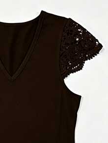 Hotletica Gaun Wanita Elegan Warna Polos dengan Lengan Renda dan Sabuk Pinggang Kasual, Musim Panas - Coklat - View 5