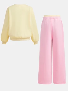 SHEIN Tween女孩黃色運動衫+粉色寬鬆長褲2件套，休閒日常百搭時尚，柔軟舒適，秋冬新款 - 彩色 - 查看 2