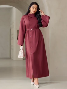 Veilorie Women's Elegant Commute Front Button Flared Sleeve Dress - Brown - View 1