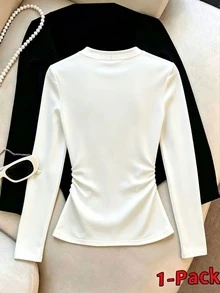 Resyla Women's Solid Color Long-Sleeve Casual T-Shirt With Wrap-Style Crisscross V-Neck And Ruched Detail - White - View 2