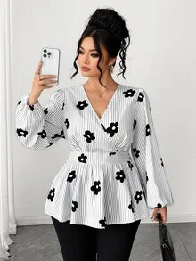 Elenzga Autumn Elegant Daily European And American Style Cross V-Neck Cinched Waist A-Line Pleated Long Sleeve Blouse, Suitable For Daily Commute, Outings, Gatherings And More Occasions, High Cost-Performance - Black and White - View 1