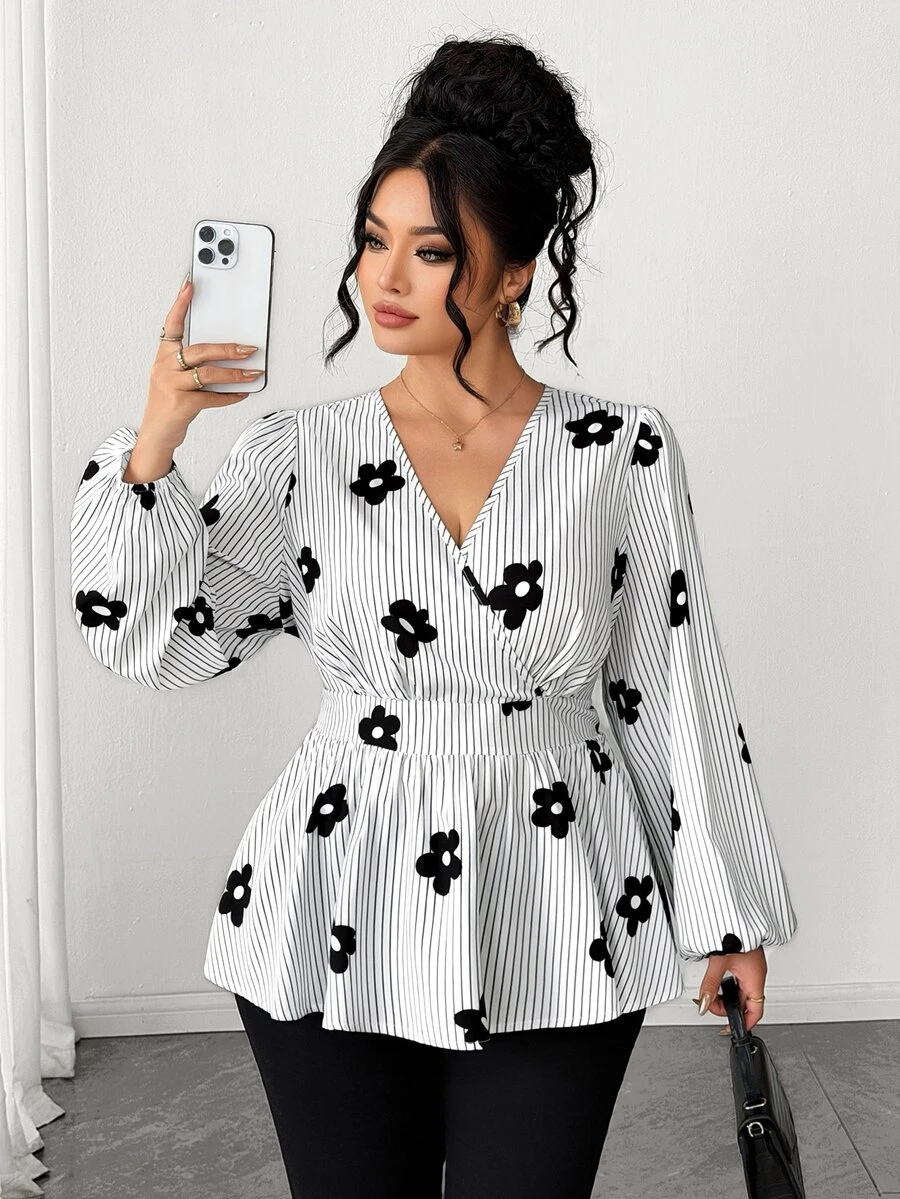 Elenzga Autumn Elegant Daily European And American Style Cross V-Neck Cinched Waist A-Line Pleated Long Sleeve Blouse, Suitable For Daily Commute, Outings, Gatherings And More Occasions, High Cost-Performance - Black and White - View 1