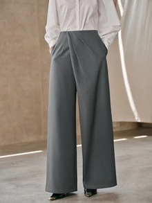 Anewsta Celana Panjang Wanita Elegan, Longgar, Ramping, dengan Potongan Lebar dan Desain Berkerut, Cocok untuk Kantor, Perjalanan, dan Santai di Rumah - Grey - View 6