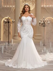 Glamrae Plus Size Sweetheart Neckline Long Sleeve Mermaid Tail Romantic Train Wedding Dress - White - View 4