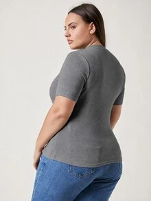 SHEIN BASICS 大尺碼羅紋針織純色T恤女款夏季上衣夏季穿搭 - 灰色 - 查看 2