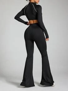 Eassivo Slim Fit Cropped Jacket & Flare Pants Sportswear Set - Multicolor - View 2