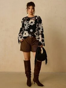 Travachic Plus Size Women's Spring/Autumn Hollow Crochet Long Sleeve Fashion Versatile Design Knit Top Fall - Multicolor - View 4
