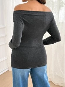 SHEIN Maternity Casual Versatile Cross Pleated Long Sleeve T-Shirt Fall - Grey - View 4