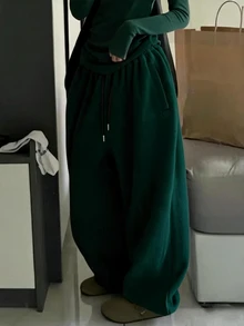 SHEIN 女款素色休閒百搭日常穿著寬腿運動長褲 - 墨綠色 - 查看 1