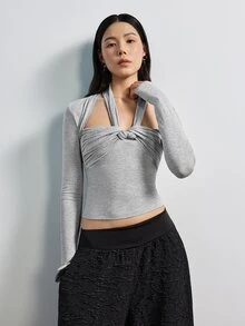 MERLEAU Women's Slim Fit Heather Grey Ruched Twist Halter Cutout Long Sleeve Top, Solid Sexy Style For Autumn Night Out Date Night Blouses, Fall Tops - Grey - View 7