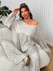 SHEIN EZwear Plus Size Fashion Leopard Print Long Sleeve Top And Loose Pants 2 Pieces Set - Multicolor - View 5