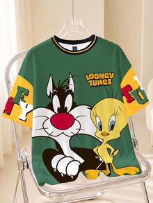 LOONEY TUNES X SHEIN Plus Size Women Letter Print Round Neck Short Sleeve Casual T-Shirt - White - View 1